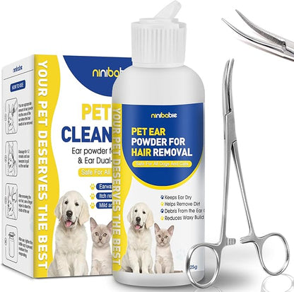 Ear Powder for Dogs Plucking,Dog Ear Infection Treatment with 5.5 Inch Tweezers Curved,Removal Ear Hair Powder,Soothes Itchy Ears & Relieve Scratching