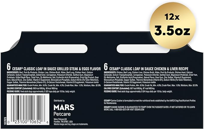 Cesar Wet Dog Food Classic Loaf in Sauce Breakfast and Dinner Mealtime Variety Pack, 3.5 oz. Easy Peel Trays (12 Count, Pack of 1)