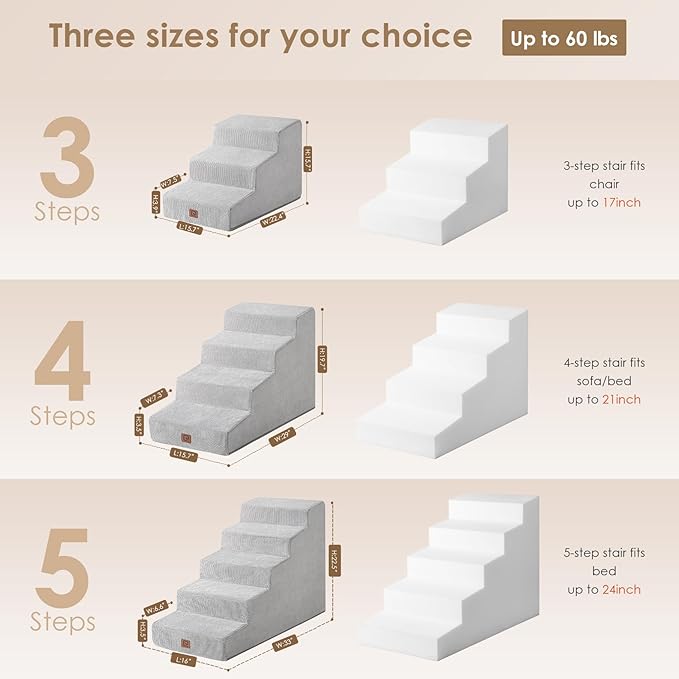 EHEYCIGA Dog Stairs for Small Dog 15.7”H, 3-Step Slope Dog Stairs for Couch and Sofa, Pet Steps with Non-Slip Bottom, Low Ramp and Larger Step Area