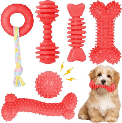 Puppy Toys, 6 Pack Dog Chew Toys for Puppy, Cute Red Small Dog Toys, Teething Toys for Puppies, Soft Durable Interactive Chew Toy for Small Dogs
