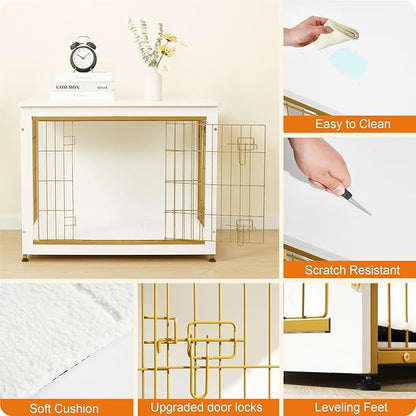 DWANTON Dog Crate Furniture with Cushion, Wooden Dog Crate Table, Double Doors Dog Furniture, Indoor Dog Kennel, Dog House, Dog Cage Medium, 32.5" L, White