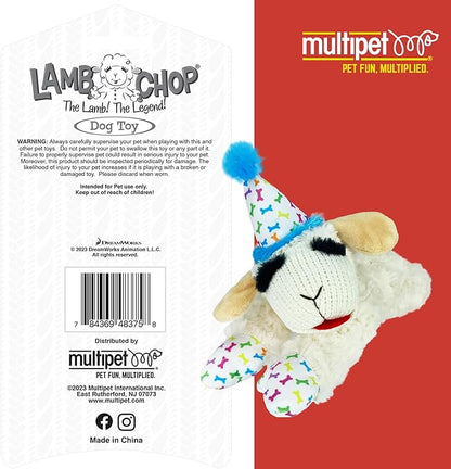 Multipet Lamb Chop Dog Plush Toy w/Birthday Hat - Squeaky Dog Toy for All Dogs - Soft Plush Dog Toy - Stuffed Animal Dog Toy for Playing - Cute Dog Birthday Toy (10.5”, Blue Hat, 5 Squeakers)