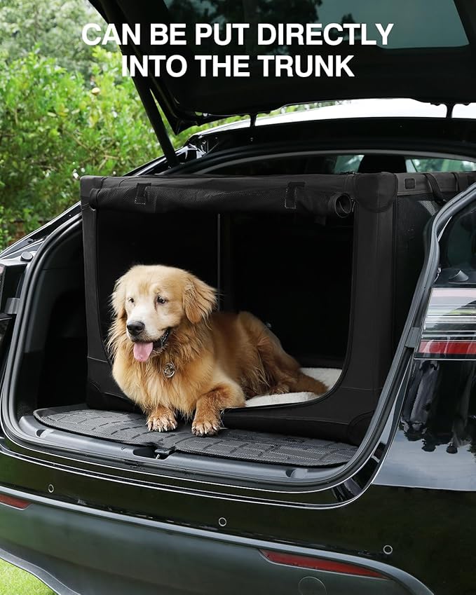 30-Inch Collapsible Travel Dog Crate, Portable 4-Door Soft Kennel for Medium to Large Dogs, Chew-Proof Mesh Windows, Indoor/Outdoor Use, Foldable, with Storage Bag (Black)