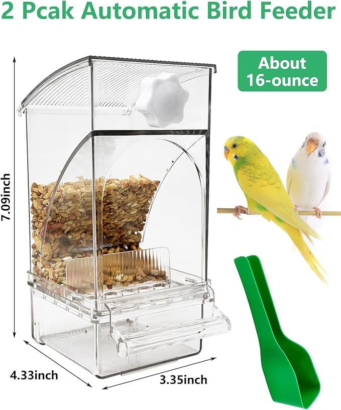 Hamiledyi 2Pcs No Mess Bird Feeder Automatic Bird Cage Feeder Transparent Acrylic Parrot Seed Food Container with Perch for Parakeet Finch Lovebirds Budgies Canary