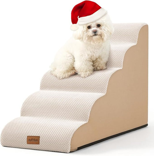 Dog Stairs for High Bed 22.6" H, Small Pet Steps with Leakproof Cover, High Density Foam Cat Ramp for Bed, Car or Couch, Lightweight, Durable, Comfort, 15.7x33x22.6 inch, 5 Tiers, Beige