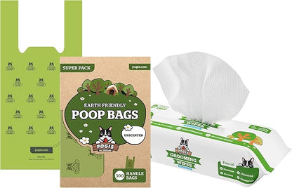 Pogi's 300 Unscented Dog Poop Bags w/Handles and 100 Plant-based Grooming Wipes Bundle