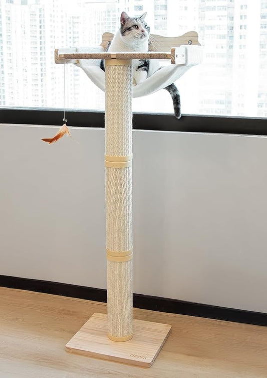 Cat Window Perch with Scratching Post, 47.3" Adjustable Cat Tall Scratching Posts &Upgraded Winter Cushion – Multi-Level Perch for Climbing, Bird Watching, and Play, Supports 50 lbs (Drilling-Free)