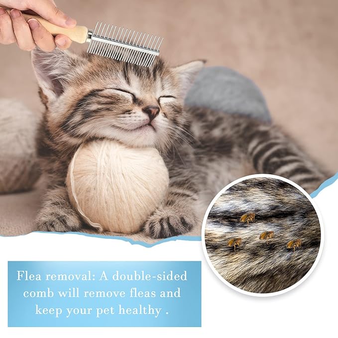 Tessco for you 2 Pcs Dog Metal Combs Cat Wooden Handle Grooming Combs Stainless Steel Hairbrush Double Side Metal for Pet Dog Grooming Brush Pet Cat Flea Hairbrush for Long Short Hair Fur Brush Tool