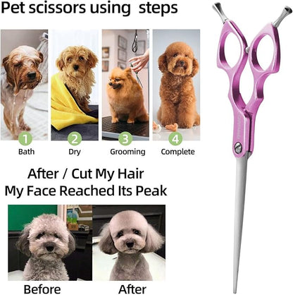6.5" Dog Grooming Scissors Ultra-Light Aluminum Handle Scissors for Dogs and Cats Straight Blade Cutting Shears Professional Pet Quick Trimming Sharp (Purple-Straight)