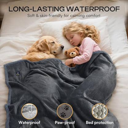 Luciphia Waterproof Bed Blanket Washable,Soft Sherpa Fleece Puppy Reversible Throw Blankets for Small Medium Dog Cat,Furniture Cover Protector Couch Bed from Liquid Pee and Pet Fur, Grey,57" x 40"