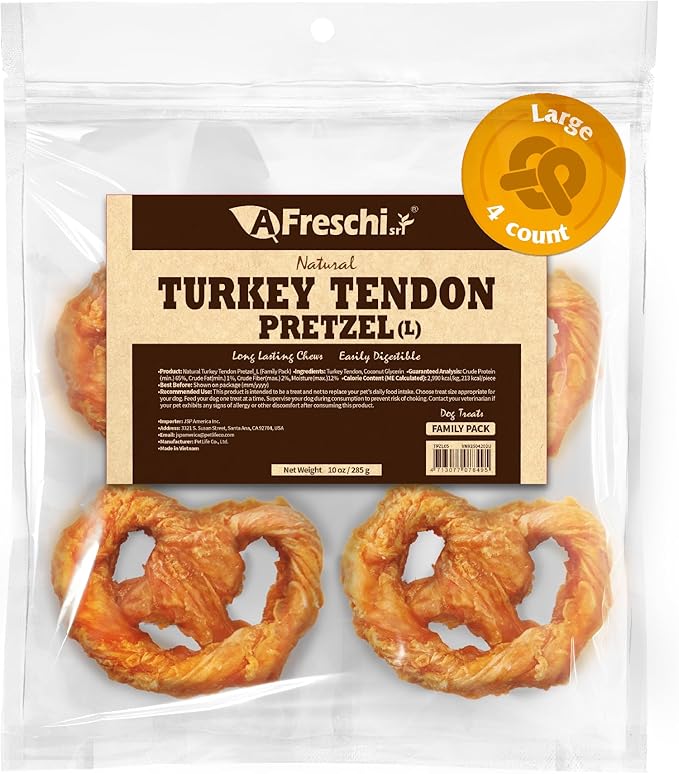 Afreschi Natural Turkey Tendon Pretzel (L) 10 oz, Turkey Sourced from USA, All Natural Puppy Chew, Hypoallergenic, Rawhide Alternative, for Large Breeds
