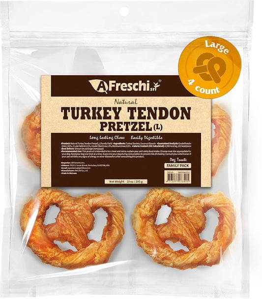 Afreschi Natural Turkey Tendon Pretzel (L) 10 oz, Turkey Sourced from USA, All Natural Puppy Chew, Hypoallergenic, Rawhide Alternative, for Large Breeds