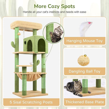 Globlazer Cactus Cat Tree Tower with Scratching Post for Indoor Cats, 53inch Tall Plush Multi-Level Cat Climbing Tower Condo with Large Hammock, Spacious Cat Cave, Padded Top Perch Bed, F53, Green