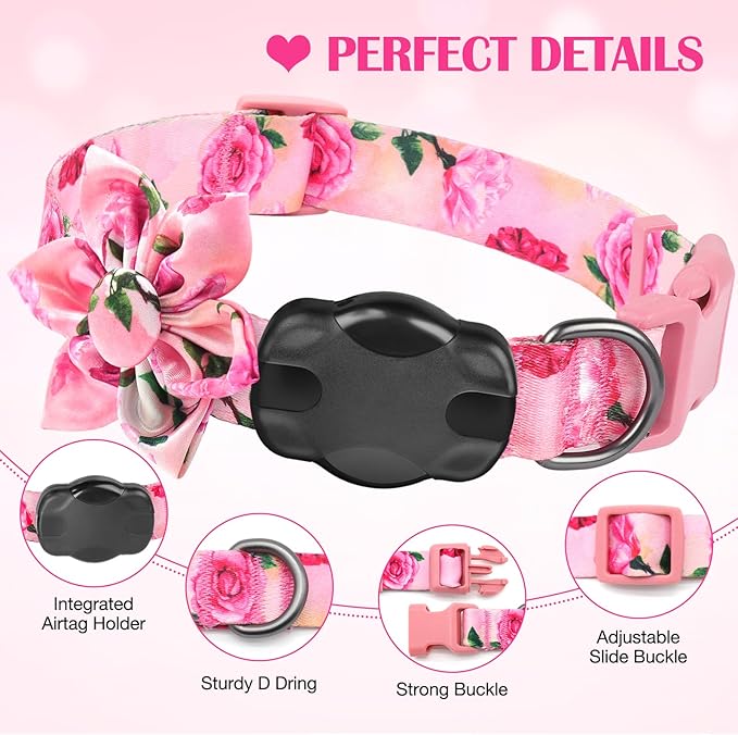 Airtag Dog Collar for Medium Dogs, Rose-Pink Dog Collars Girl with AirTag Holder Waterproof Airtag Case, Including Flower Spring Dog Collar Bowtie, for All Female Dogs ï»