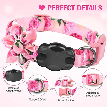 Airtag Dog Collar for Medium Dogs, Rose-Pink Dog Collars Girl with AirTag Holder Waterproof Airtag Case, Including Flower Spring Dog Collar Bowtie, for All Female Dogs ï»