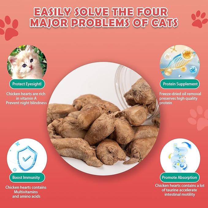 Chicken Hearts Dog Treats - Freeze Dried Chicken Heart Cat Treats Single Ingredient All Natural High Protein Pet Treats（3.5OZ）