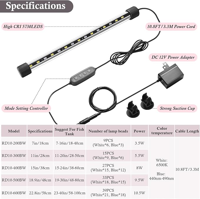 Dirvin 11inch Submersible Aquarium LED Light for Fish Tank, 24/7 Cycle Fish Tank Light with Timer, 15 LED Beads 3 Colors 3 Modes Brightness Adjustable, 5.5W