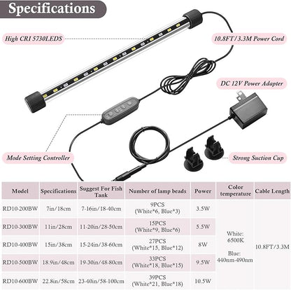 Dirvin 11inch Submersible Aquarium LED Light for Fish Tank, 24/7 Cycle Fish Tank Light with Timer, 15 LED Beads 3 Colors 3 Modes Brightness Adjustable, 5.5W