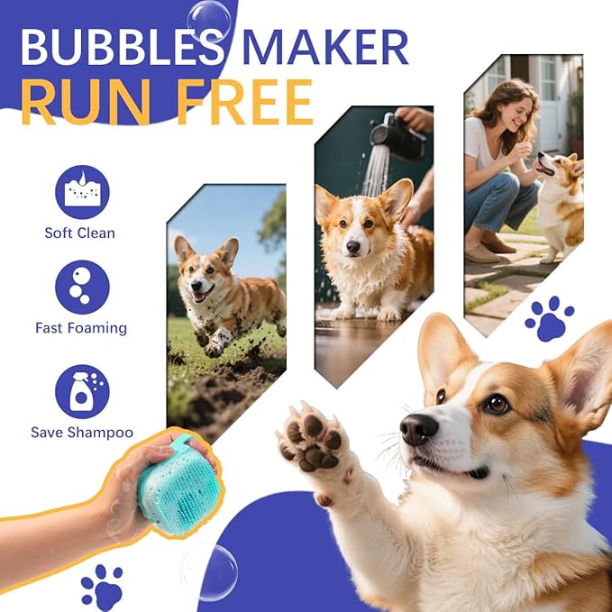 7-in-1 Pet Grooming Kit Dog Washing Gloves and Bath Brush Cat Shampoo Brush & Dog Toothbrush with Silicone Massage Bristles & Bubbler (Blue)