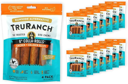 TRURANCH Collagen Rolls - 6" Collagen Rolls for Dogs - Long Lasting Healthy Joint Support - Rawhide Alternative - Skin & Coat Health - Made with Real Chicken, Value Pack, 15 Bags, 60 Count