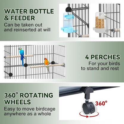 46-Inch Bird Cage, with Wooden Perches, Metal Parakeet Cage with Slide-Out Tray, Water Bottle & Feeder, Bird Cages for Parrot, Parakeets, Cockatiel, Lovebird, Pigeon and Small Mid-Sized Birds