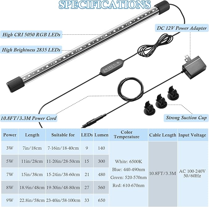 FEDOUR 22.8in Submersible Aquarium LED Light, 24/7 Aquarium Lights with Full Spectrum RGBW LEDs, IP68 Waterproof Fish Tank Light with Dimming, Timming and Color Adjustable