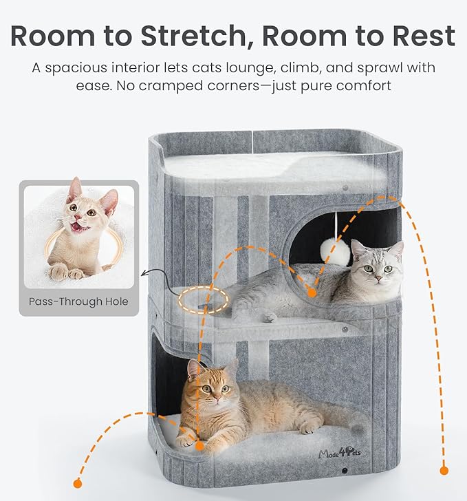 Made4Pets Cat House for Indoor Use, 2-Storey Cube Bed Cave, Covered Hideaway Condo with Scratch-Resistant Felt, Foldable Easy-to-Clean Design for Multi-Cat Homes, Grey