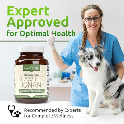 Lignans for Life Flaxseed Lignans for Dogs & People + SDG - Omega 3 Fatty Acids, High Fiber Antioxidants - Improve Shiny Coat, Digestive & Heart Health for Dogs, 35mg, 90 Flaxseed Capsules, 1 Pack