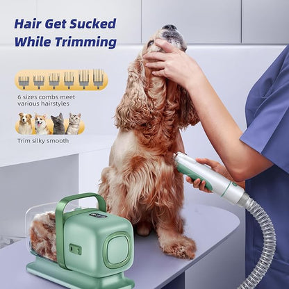 Dog Grooming Kit with Vacuum, All-in-One Pet Grooming Vacuum for Dogs and Cats, Low Noise Pet Hair Clipper & Shedding Brush, Dog Hair Remover, Cat Pet Groomer Set with Cleaning Brushes, Green
