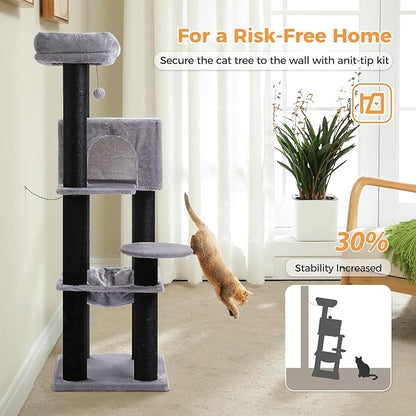 PETEPELA Cat Tree for Large Cats up to 30 lbs, 58" Heavy Duty Cat Tower with Reinforced Scratching Posts[ φ3.9”], Large Hammock, Spacious Condo & Top Perch, Sturdy Cat Furniture for Maine Coons, Black