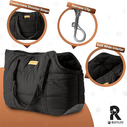 Dog Purse Carrier for Small Dogs, Cozy Plush Pet Carrier Purse, Secure Harness Clip, Lightweight Dog Tote Bag Carrier for Small Dogs and Puppies (Black)