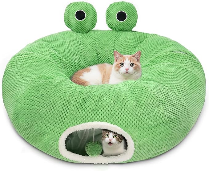 Cat Tunnel Bed for Indoor Cats, Peekaboo Cat Cave Bed,Soft Cat Donut Tunnel for Kitten Large Cats, Cute Frog Shaped