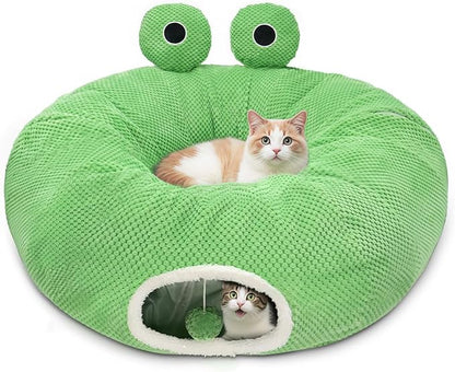 Cat Tunnel Bed for Indoor Cats, Peekaboo Cat Cave Bed,Soft Cat Donut Tunnel for Kitten Large Cats, Cute Frog Shaped