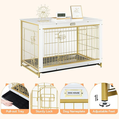 HOOBRO Dog Crate Furniture, 38.6" Large Dog Kennel Indoor, Wooden Dog Crate with Pull-Out Tray, Double Doors Dog House, Modern Side End Table for Small/Medium/Large Dog, White DW982GW03