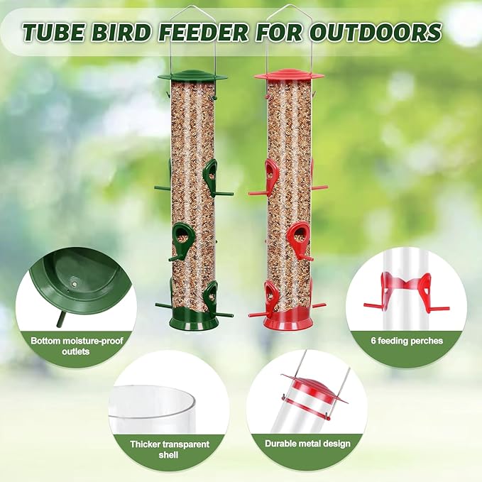 2 Packs Bird Feeder Tube Hanging Feeders, 6 Port Wild Bird Feeders Premium Hard Plastic with Steel Hanger Weatherproof and Water Resistant Great for Attracting Birds 18.2 Inches Large (Red + Green)