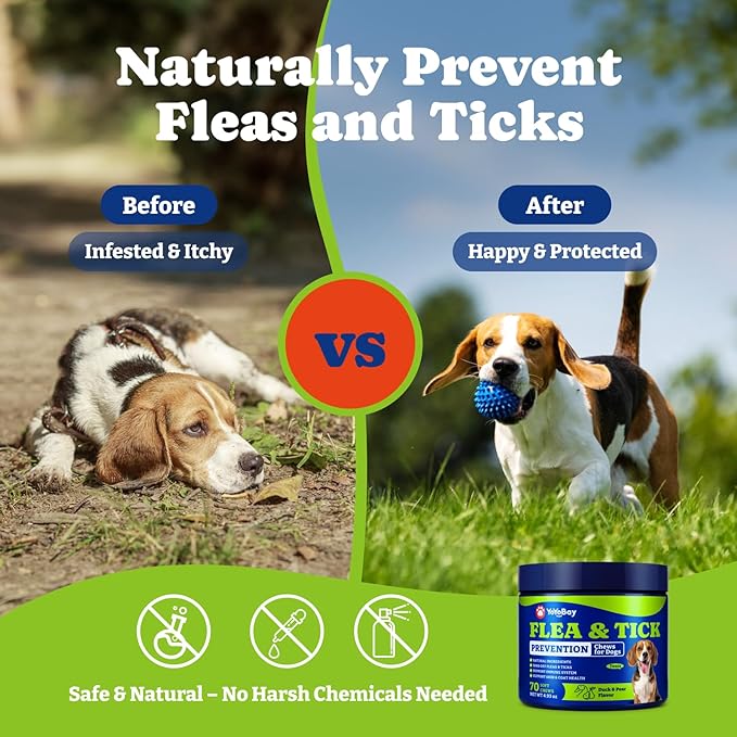 Flea and Tick Prevention for Dogs Chewable - 70 Soft Chews, Duck & Pear Flavor - Dog Flea and Tick Treatment Chewable, Natural Defense- Dog Immune Support Supplement