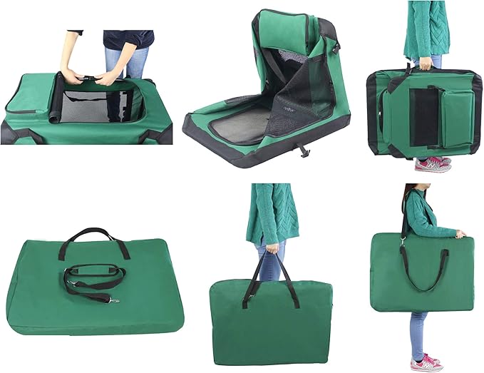 EliteField 3-Door Folding Soft Dog Crate with Carrying Bag and Fleece Bed (2 Year Warranty), Indoor & Outdoor Pet Home (42" L x 28" W x 32" H, Green)