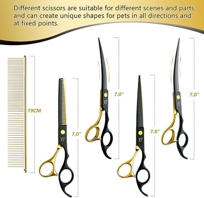 Dog Grooming Scissors,Paint Coated Curved Scissors Thinning Scissors with Safety Round Tips, Sharp and Durable 5 in 1 Dog Scissors for Grooming