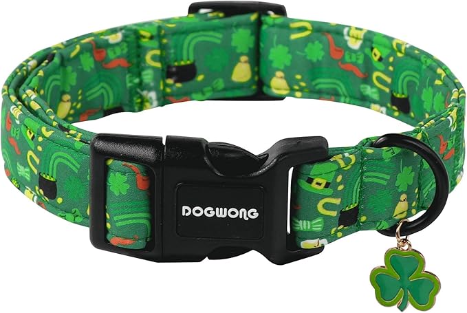 DOGWONG St Patrick's Dog Collar- Green Clovers Dog Collar, Adjustable Cotton Shamrock Pet Collar Cute Lucky Charm Puppy Collars for Small Medium Large Dogs
