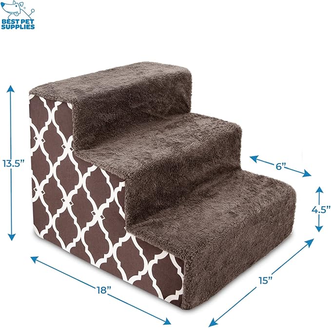 Best Pet Supplies Dog Stairs for Small Dogs & Cats, Foam Pet Steps Portable Ramp for Couch Sofa and High Bed Non-Slip Balanced Indoor Step Support, Paw Safe No Assembly - Brown Lattice Print, 3-Step