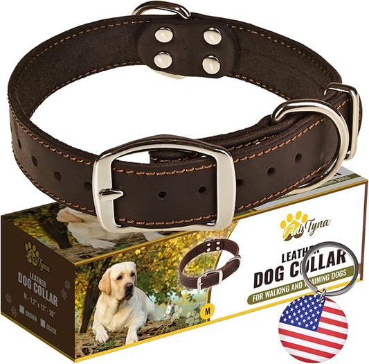 ADITYNA Heavy Duty Black Leather Dog Collar - Soft and Strong Dog Collar for Medium Dogs (Medium: Fit 13" - 20" Neck, Black)