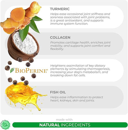 Turmeric Curcumin for Dogs - 90 Soft Chews - with Collagen, BioPerine and Fish Oil - Hip & Joint Support, Ease Inflammation, Antioxidant, Cardiovascular & Liver Support.