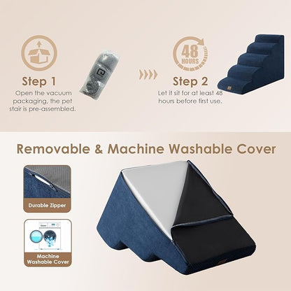 EHEYCIGA Curved Dog Stairs Ramp for High Beds 22.6" H, 5-Step Dog Steps for Small Dogs and Cats, Pet Stairs for High Bed Climbing, Non-Slip Balanced Pet Step Indoor, Navy