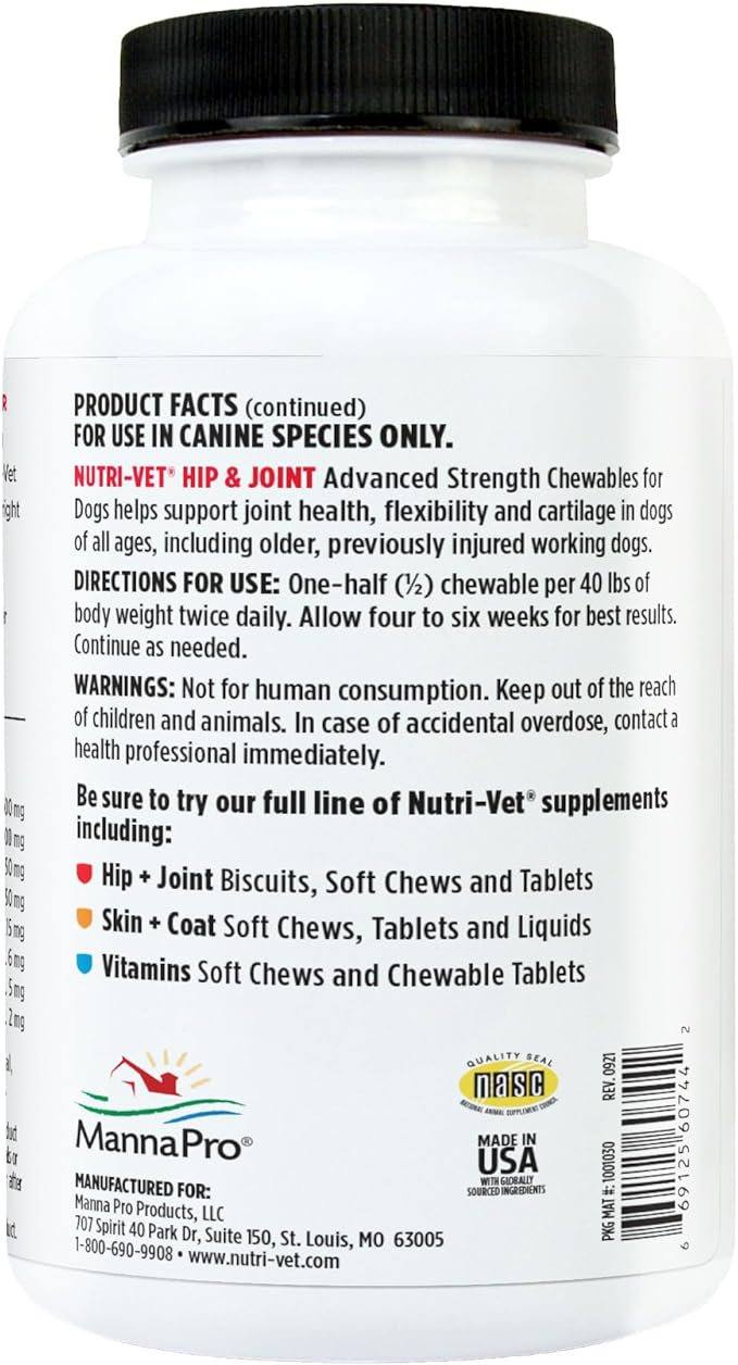 Nutri-Vet Advanced Strength Hip & Joint Supplement for Dogs, Puppy Supplements, Dog Joint Supplement, Contains 500mg of Glucosamine, 400mg of Chondroitin, 50mg of MSM, Puppy Essentials, 300 Tablets