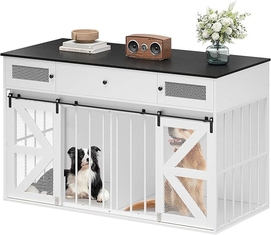 YITAHOME 60" Wooden Dog Crate Furniture with Removable Divider, Large Dog Kennel with Drawers, Double Doors & Locks Design, Dog Crate Furniture TV Stand for Medium Large Dogs