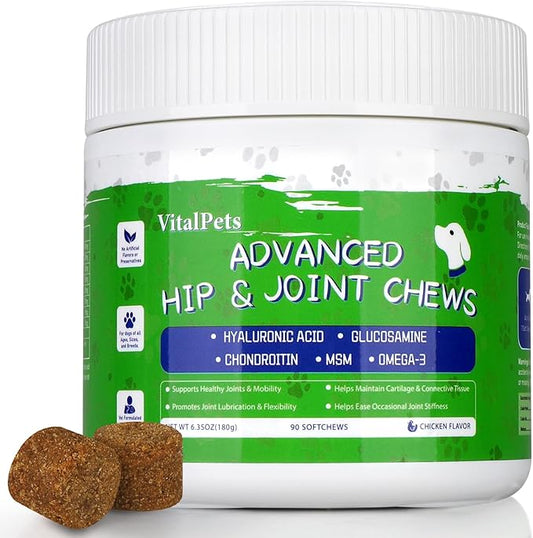 Advanced Hip and Joint Supplements for Dogs Joint Pain Relief with Glucosamine, Chondroitin, MSM, Vitamins C, 90 Soft Chews, Chicken Flavor