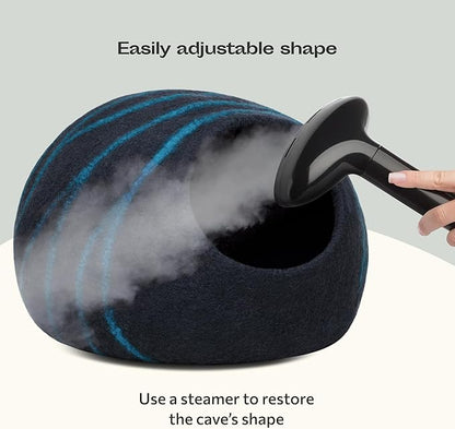 MEOWFIA Cat Cave  Premium Felt Cat Bed for Indoor Cats, Handmade 100% Merino Wool (Large, Black Aqua)