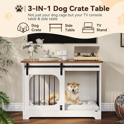 Dog Crate Furniture, 39.4" Dog Kennel for Dogs Up to 70 Lb, with Bed Mat, Heavy-Duty Dog Cage End Table, Three Doors Dog House, White/Brown