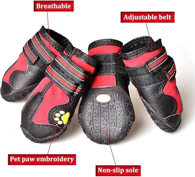 CovertSafe& Dog Boots for Dogs Non-Slip, Waterproof Dog Booties for Outdoor, Dog Shoes for Medium to Large Dogs 4Pcs with Rugged Sole Black-Red