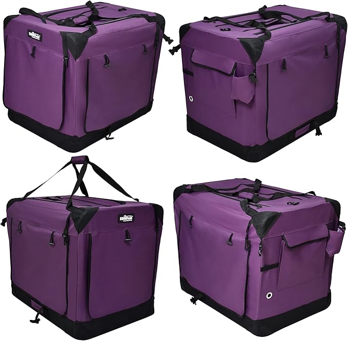 EliteField 4-Door Folding Soft Dog Crate with Curtains, Carrying Bag and Fleece Bed (2 Year Warranty), Indoor & Outdoor Pet Home (42" L x 28" W x 32" H, Purple+4 Door Curtains)